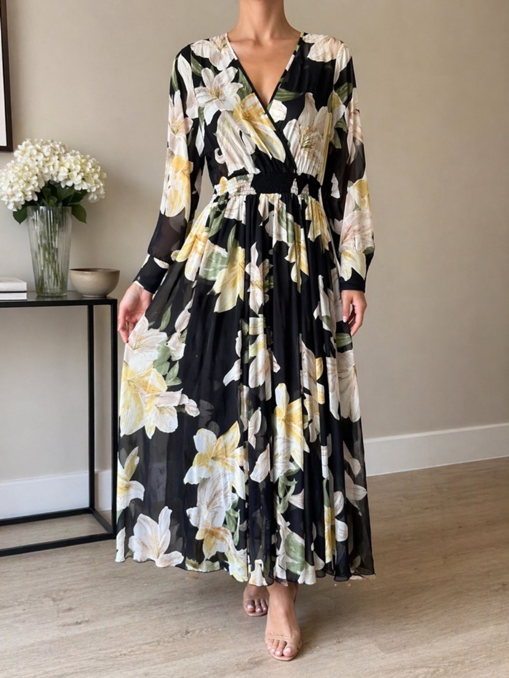 Alexa B Nites Floral Maxi Dress Long Sleeve Semi Sheer size 6